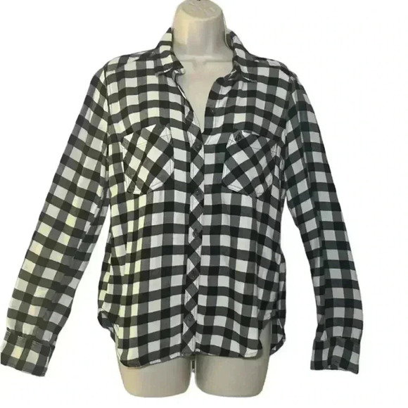 Abercrombie and Fitch Plaid Flannel Shirt Black White Medium - Picture 2 of 5